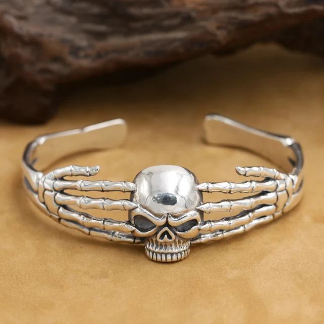 New Handmade Real 925 Silver Skull Bangle Vintage Sterling Handmade Real 925 Silver Skull Bangle Vintage Sterling Bracelet Skeleton