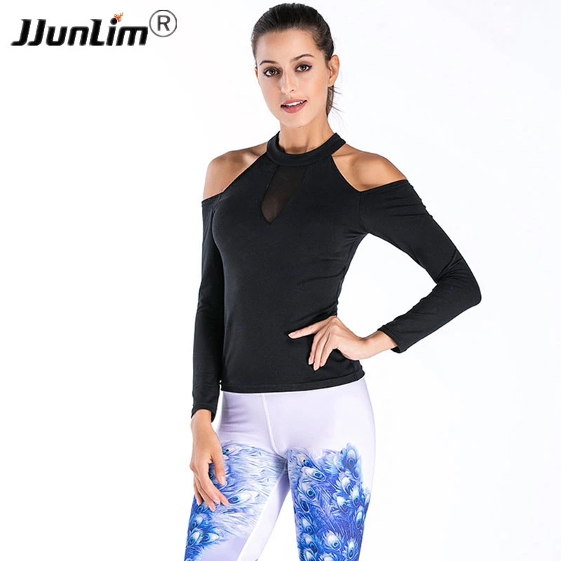 High Collar Long Sleeve Women Yoga Shirts Hollow Shoulder Sports Top