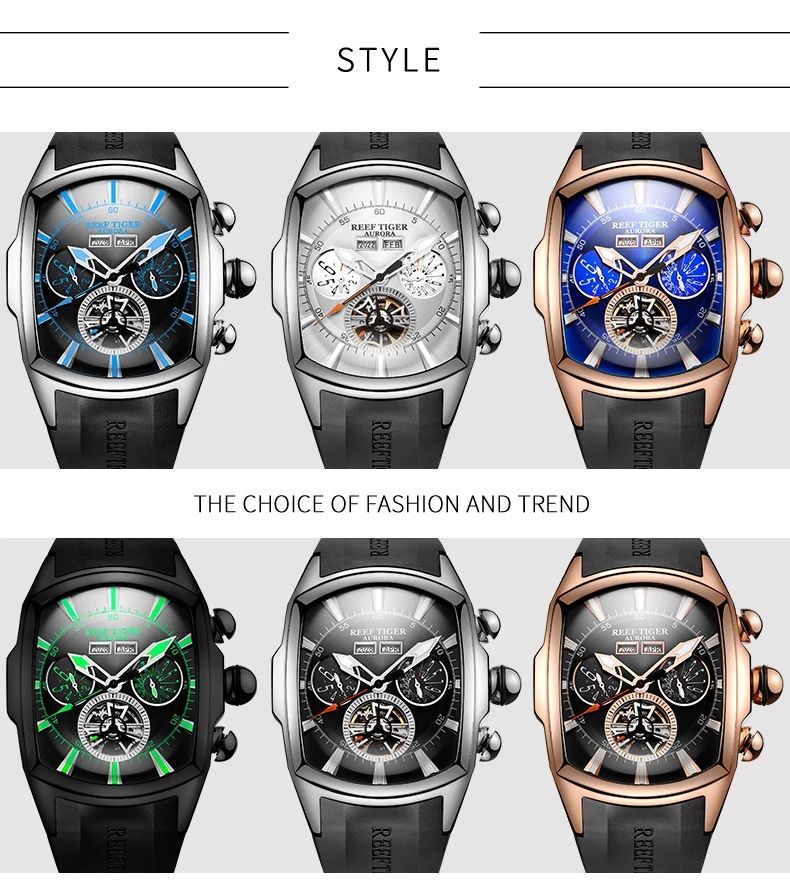 Риф Тигр/RT большой циферблат спортивные часы для мужчин светящийся аналоговый Дисплей турбийон часы розовое золото синий циферблат наручные часы RGA3069