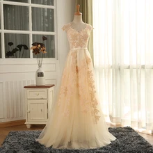 Großhandel Elegante Champagner A-linie Cap Sleeves Spitze Abendkleider 2016 formale Frauen Lange Partei-abschlussball-kleider robe de soiree TE221