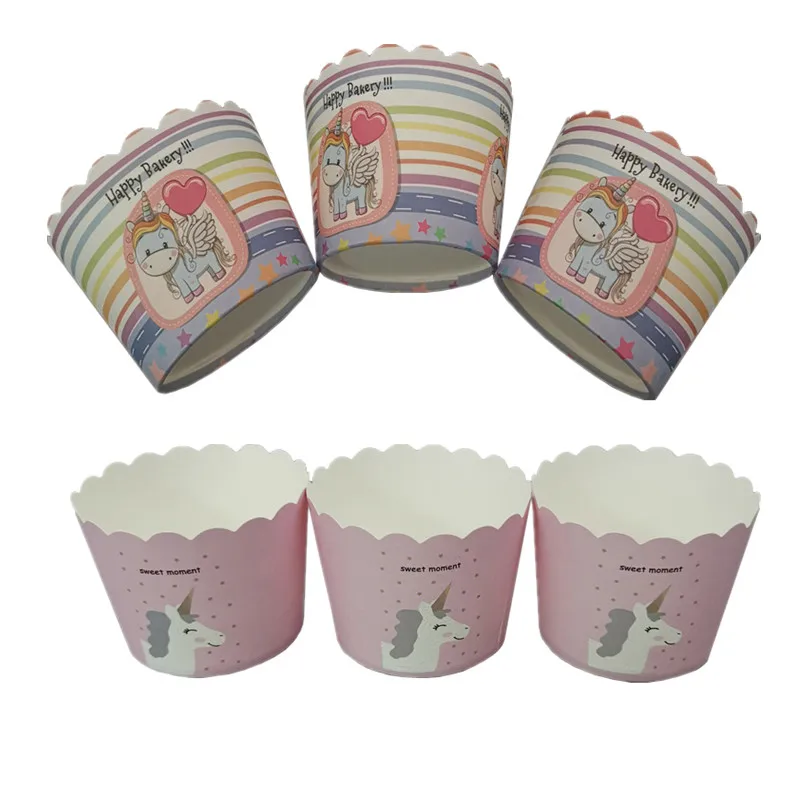

100pcs Creative unicorn pattern happy bakery kitchen accessories diy decor thick paper cup party birthday favor cake paper tray