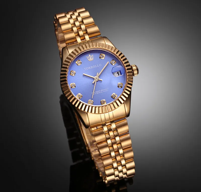 

Brand New Luxury Lady Dress Style Steel wristband All Gold Blue Dial Women Quartz Watch With Box