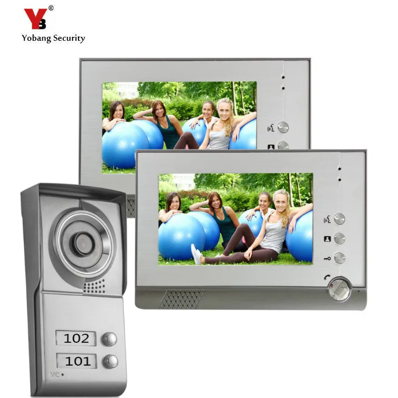 

Yobang Security 7"Touch Screen Video Intercom Door Phone System 2 Monitors + Outdoor Doorbell Camera For 2 Apartments Family