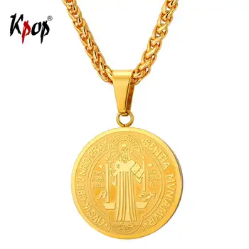 

Kpop Saint Benedict Necklaces Round Medal Gold Color Stainless Steel Cross Pendants & Chain Catholicism Jewelry For Men GP1896