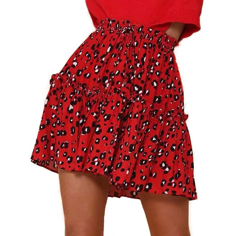 Красный, белый Для женщин леопардовым принтом юбка Повседневное линии Мини Короткие юбки женский эластичный пояс рябить животных с
