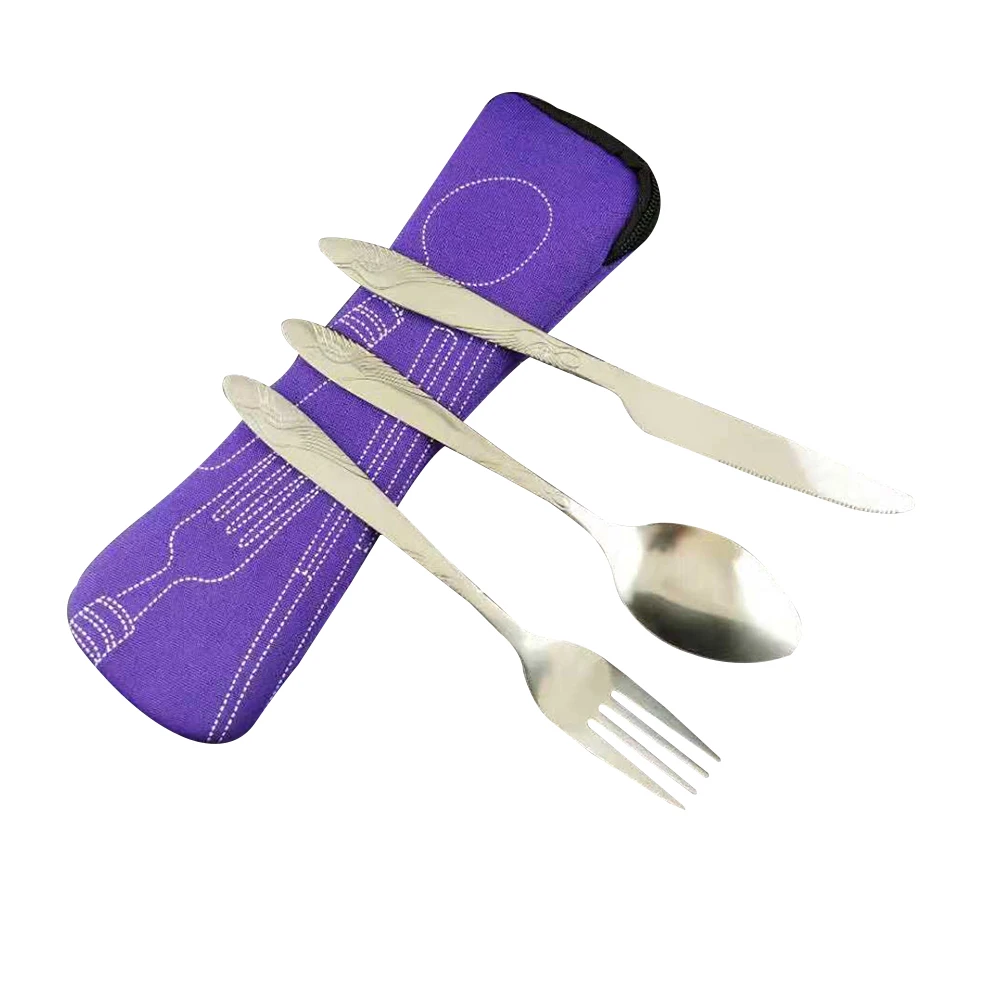 3 шт. набор посуды из нержавеющей стали Портативный дорожный нож ложка Вилка набор серебряных изделий легкий набор столовых приборов для путешествий/кемпинга - Цвет: Фиолетовый