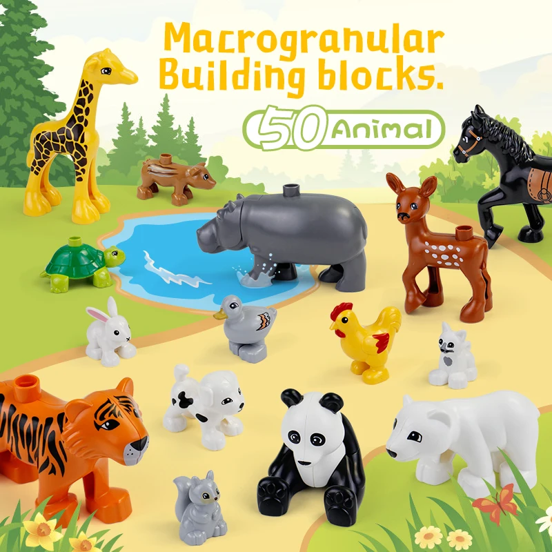 Дешево 50 шт. лот, животные, зоопарк, большие строительные блоки, детские игрушки, Лев, жираф, динозавр, совместимы с legoing, большие DIY Кирпичи, подарок д...