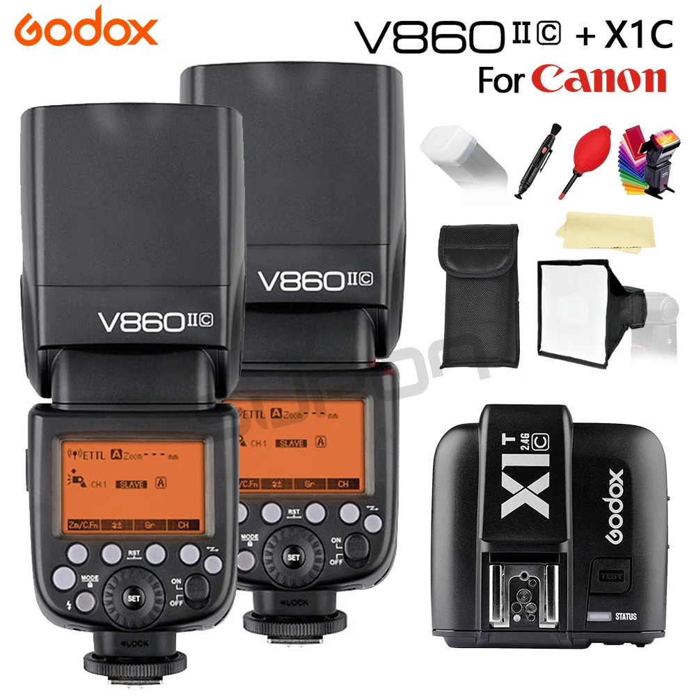 

Godox 2pcs V860II V860IIC E-TTL Flash Speedlite Color Gels Filters HSS 1/8000s Li-on Battery+X1T-C Trigger for Canon Camera 60D
