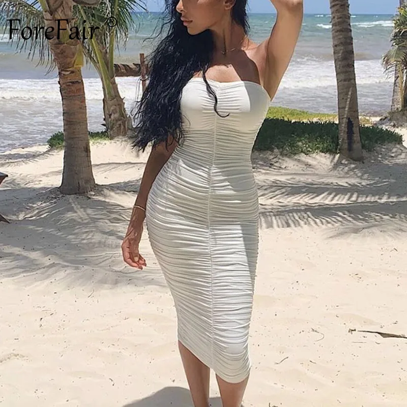 

Forefair Off Shoulder Ruched Bodycon Dress Women Summer Party Clubwear White Black Neon Midi Sexy Strapless Long Tube Dress