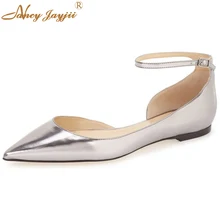 Женские Серебристые модные туфли на плоской подошве с острым носком и ремешком на щиколотке; женские повседневные и вечерние босоножки; zapatos mujer; большие размеры 4-16; Nancyjayji