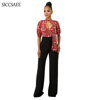 

Bow Chain Printed Elegant Jumpsuits For Women 2018 Summer Formal Back Zip Bell Bottom Pants Strappy High Quality Flare Sexy