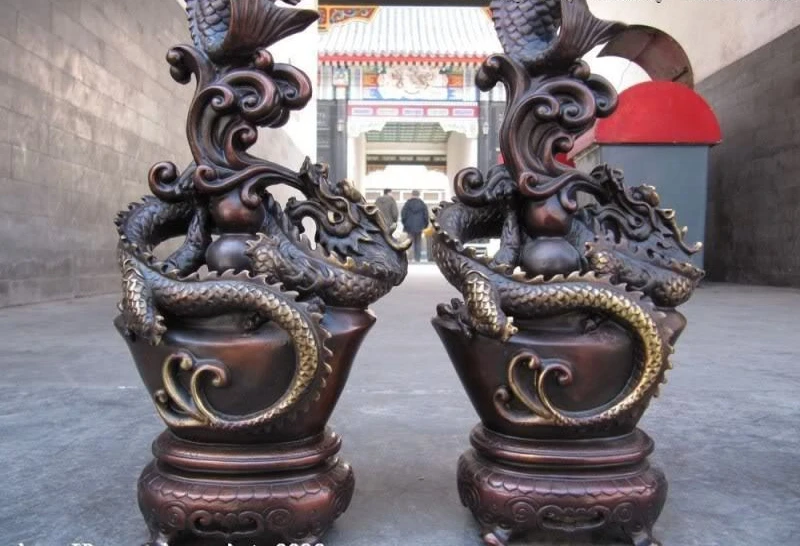 15"Chinese Pure Red Bronze Dragon Fish candlestick candleholder Pair
