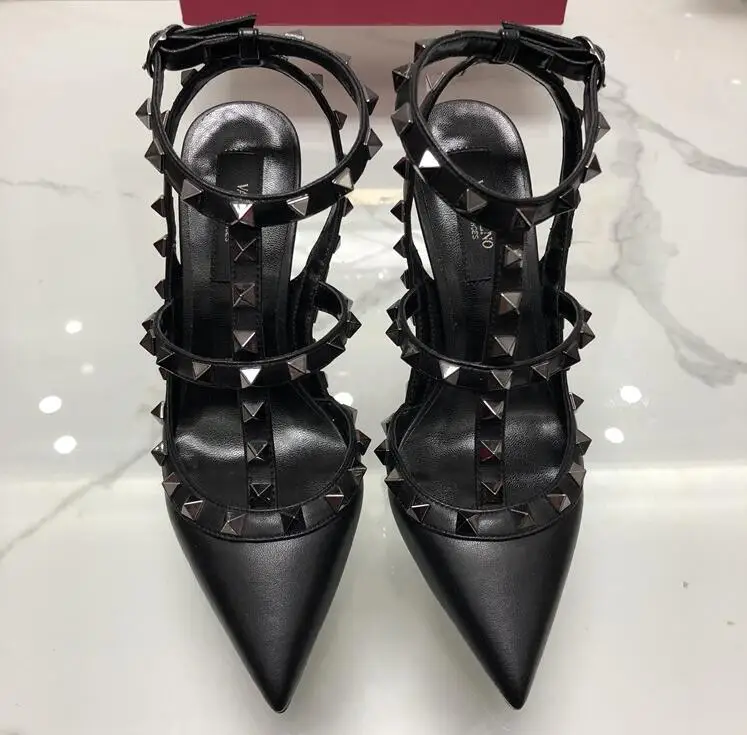 

Women full black matte Platform Pumps Sexy Point Toe Rivet High Heel Shoes Fashion Buckle Studded Stiletto Sandals 34-43 box