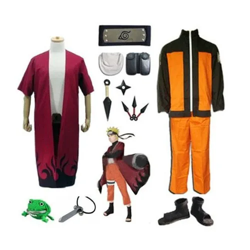 

Anime Naruto Shippuden Uzumaki Cosplay Costume+Sage mode Cloak+Ninja shoes+ headband + Kunai sets+Necklace+Frog Purse Halloween