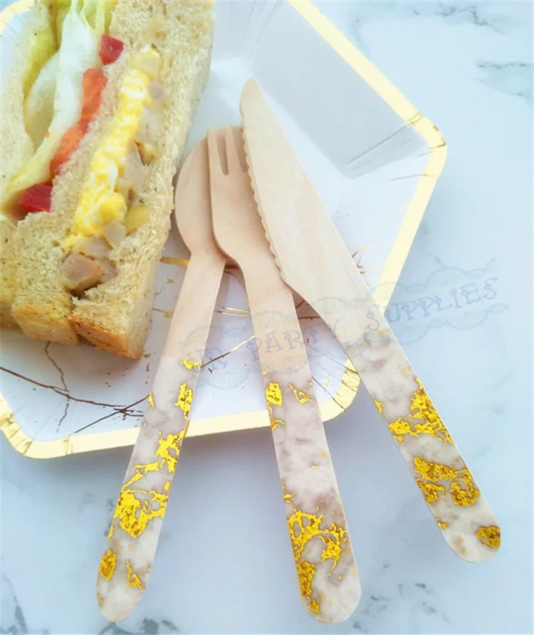 

72pcs Marble Foil Gold Disposable Birch Wooden Spoon Fork Knife for Wedding Party Decoration Wooden Cutlery Utensil Set