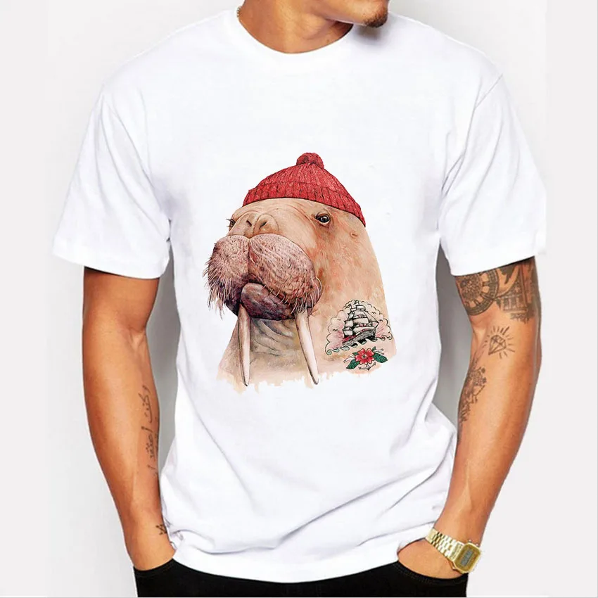

New 2016 Fashion Walrus Print T Shirt Summer Short Sleeve Tshirt Men Funny Animal Pattern Tee Shirt Male Cool Basic Tops