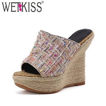 

WETKISS High Heels Slippers Women Summer Fashion Ladies Mules Shoes Peep Toe Straw Weave Platform Wedges Slides Shoes Female