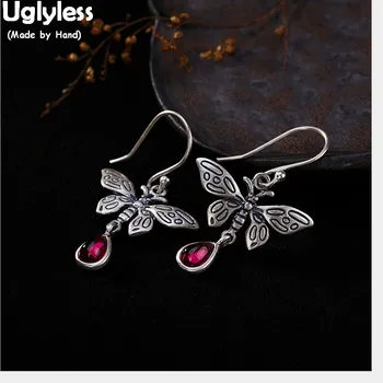 

Uglyless Ethnic Thai Silver Butterfly Earrings for Women Solid 925 Silver Handmade Fine Jewelry Water drop Chalcedony Earrings