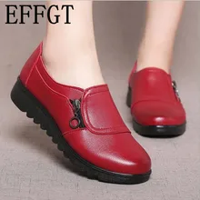 Effgt sapatos femininos de couro macio, sapatos baixos casuais para mulheres, zíper lateral, oxford, cabeça redonda 2018