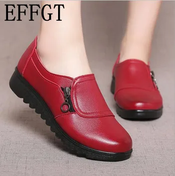 EFFGT 2018 Fashion Soft Leather Round head Women Casual Flats Ladies Side Zipper Flat Oxford Shoes New Mother single Shoes 1