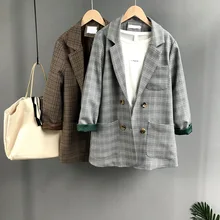 Осенние женские куртки блейзер рабочая одежда клетчатый Ringer рукав карман Свободный кардиган офисная одежда коричневый серый клетчатая одежда