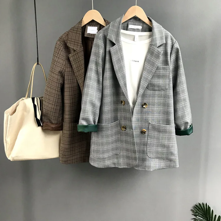 

Autumn Women Jackets Blazer Work Outfit Checkered Ringer Sleeve Pocket Loose Cardigan Office Wear Brown Gray Plaid Outwear