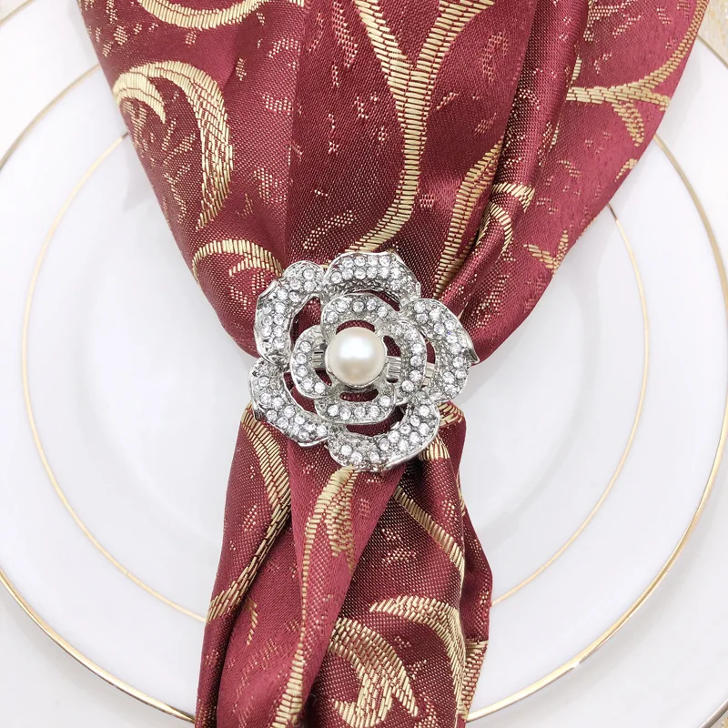 

12PCS hotel wedding napkin ring rose pearl napkin buckle alloy diamond napkin ring