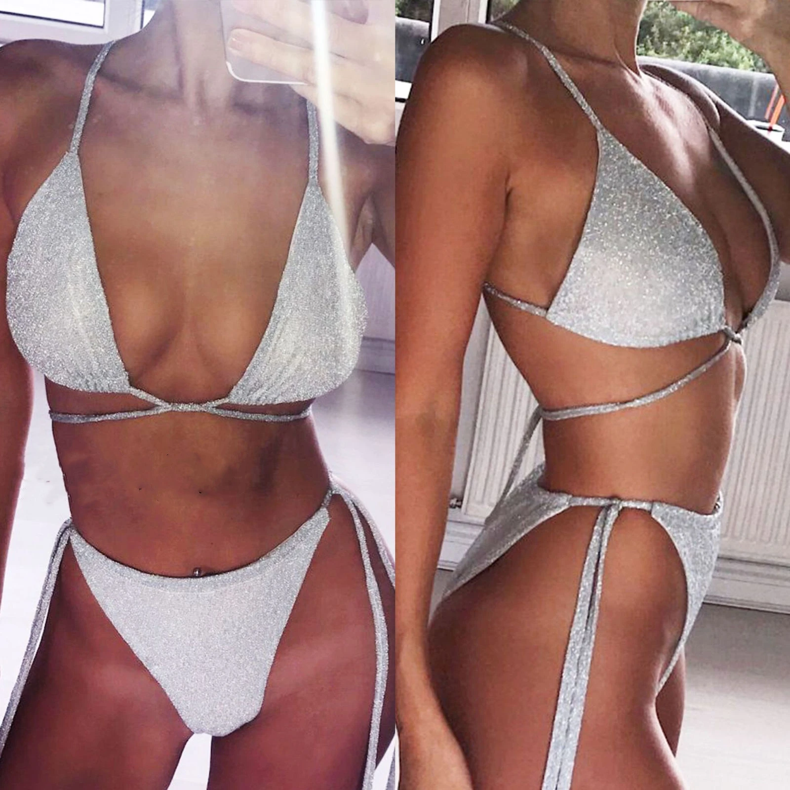 

Summer Women Push-up Padded Bra Bandage Silver Bikini Set Lace up Triangle Shiny Swimsuit Swimwear Bathing UK