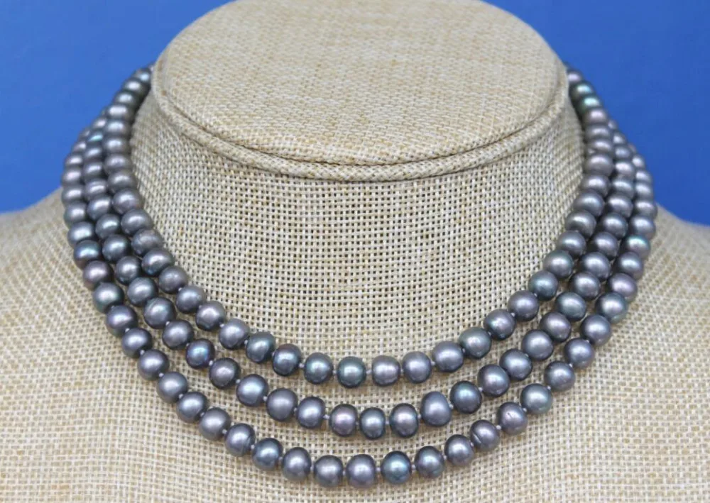 

Free shipping 48 Inch Long 8-9mm Black Peacock Rondelle Freshwater Pearl Rope Necklace