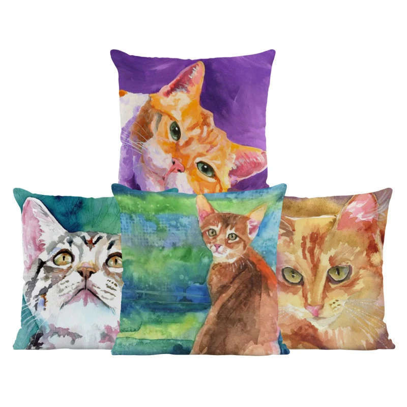 

Colorful Cat Cushion Cover Creativity Pattern Pillowcase Gray Rustic Country Lounge Gift Decorate Home Throw Pillow Peach Skin