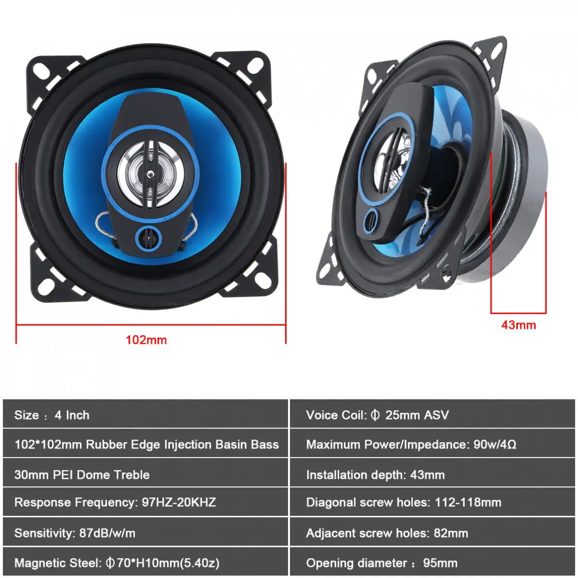 2Pcs 4 Inch 2 Way 300W Car Speakers Automobile HiFi Audio Full Range Frequency Subwoofer Coaxial High Pitch Loudspeakers