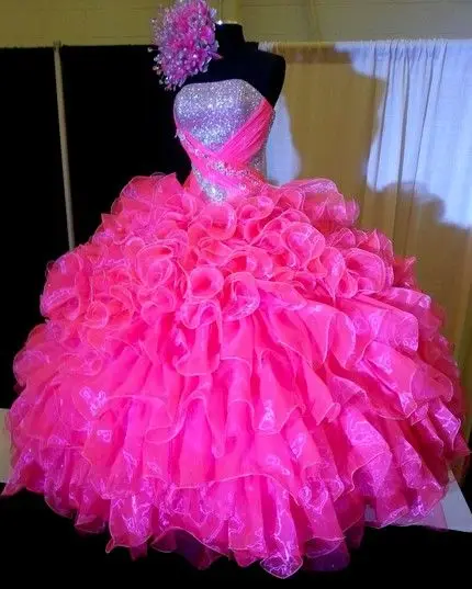 

Fuchsia Cheap Quinceanera Dresses Ball Gown Strapless Organza Ruffles Sequins Sparkle Party Sweet 16 Dresses
