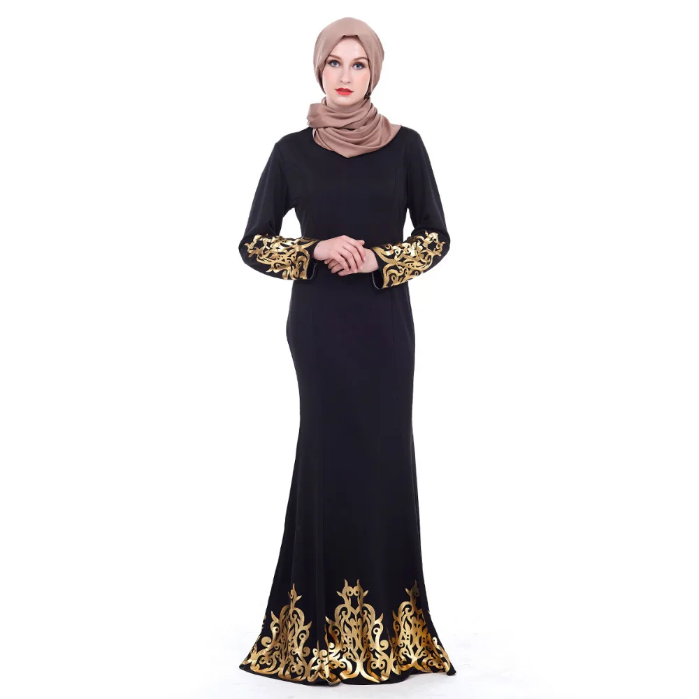 Женское мусульманское платье золотого цвета с принтом Платья с длинным рукавом Малайзии Исламская Абая мода мусульманское Макси длинное шифоновое платье# D706