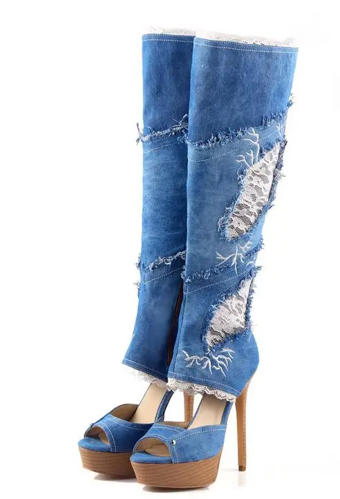 

Denim platform long boots patchwork lace hollow peep toe high heel knee high boots waterproof zip up runway t-stage woman shoes