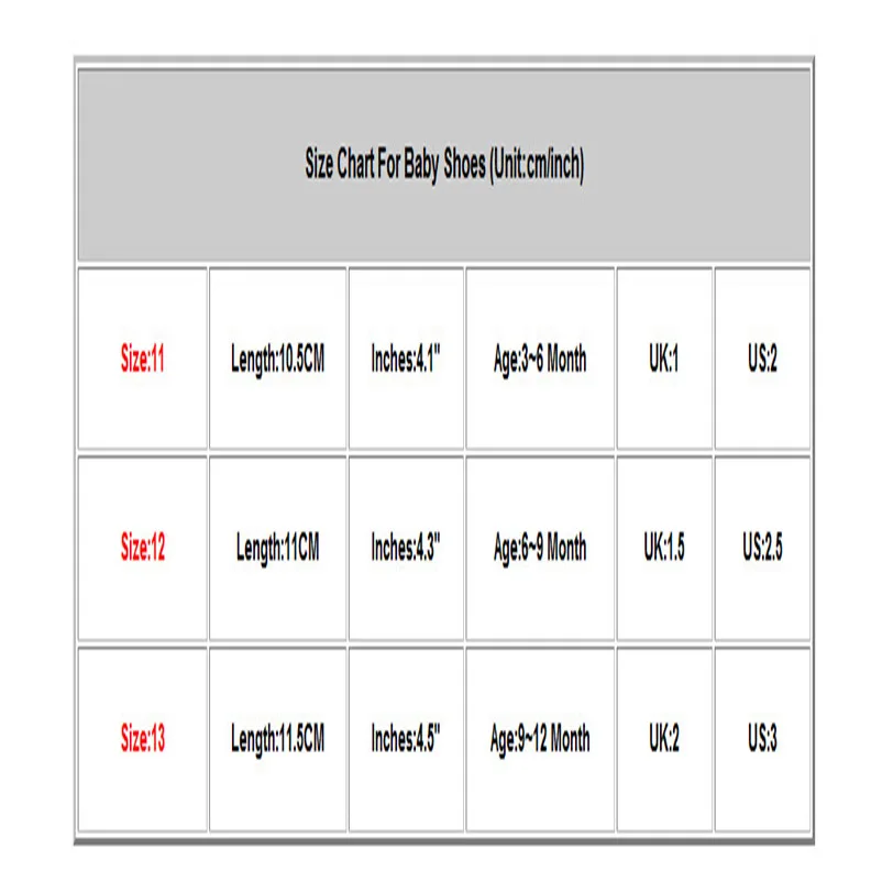 Ministar Baby Shoes Size Chart