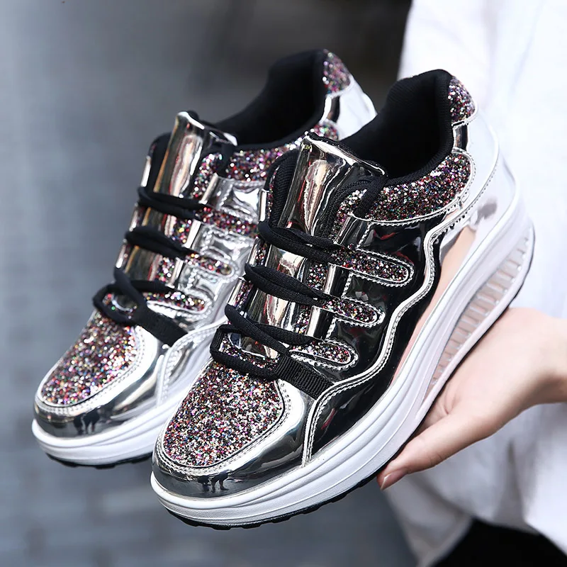 2019 Для женщин туфли на Покатой подошве Bling золотого серебряного цвета с блестками