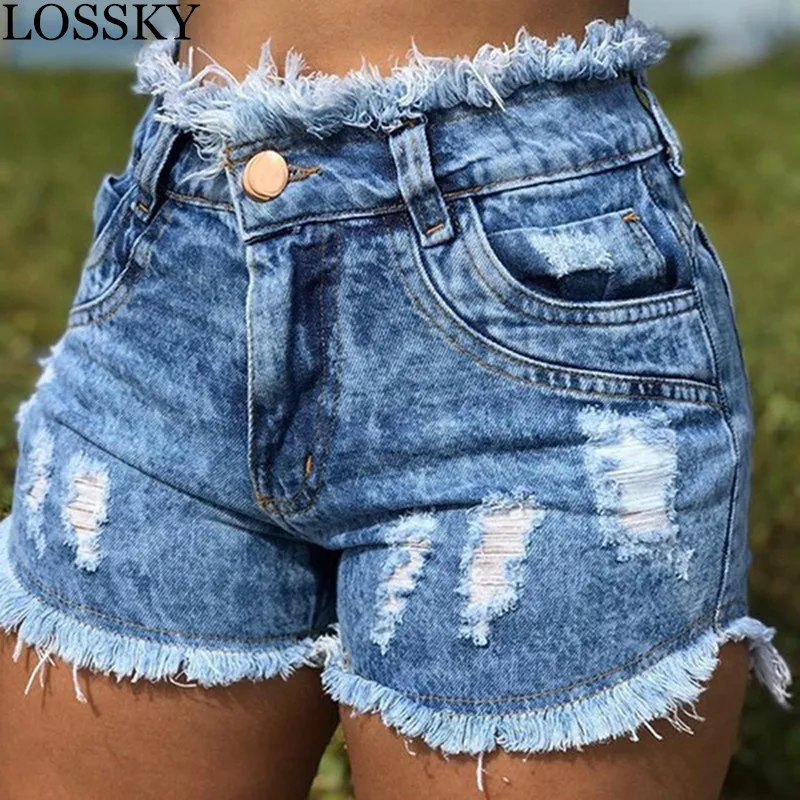 

LOSSKY Casual Summer Denim Women's Shorts Cowboy High Waists Tassel Hole Fur-lined Leg-openings Plus Size Sexy Short Jeans 2019