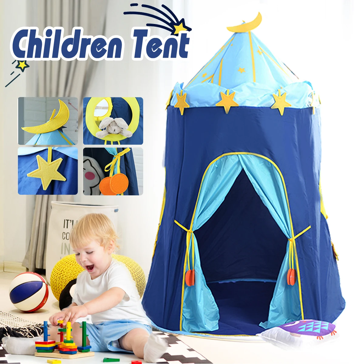 

SGODDE 110x150cm Children's Outdoor Entertainment Pet Blue House Yurts Moon Tent Game Room Portable Folding Camping Play Tent