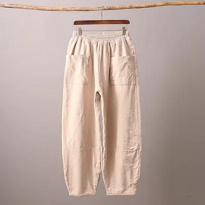 New women big size ramie trousers winter cotton linen wide pants cotton padded warm bottom top quality clothes for women - Цвет: linen color