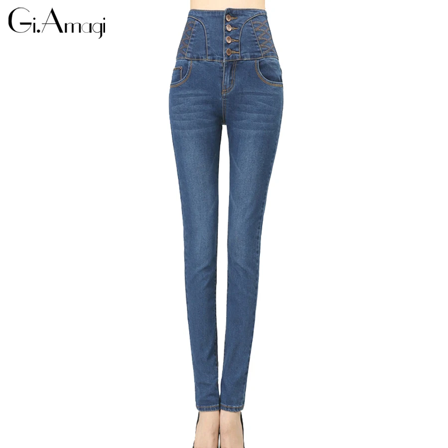 ФОТО Women Jeans 2017 New High Waist Cross-stitching single-breasted Skinny Jeans Long Pencil Denim Pants Plus Size slim feet