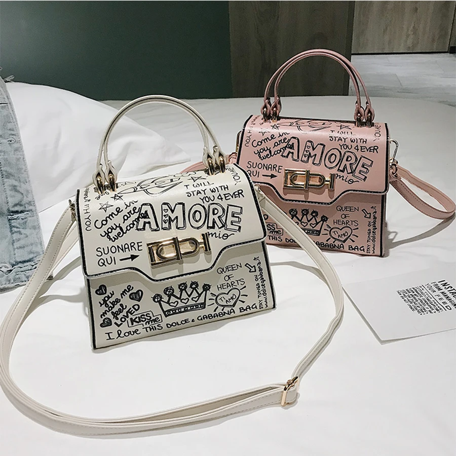 Designer Street Graffiti Handbag Women bag PU Leather Small Flap Bag Luxury Shoulder Crossbody Bag For Women Clutch Purse 2019