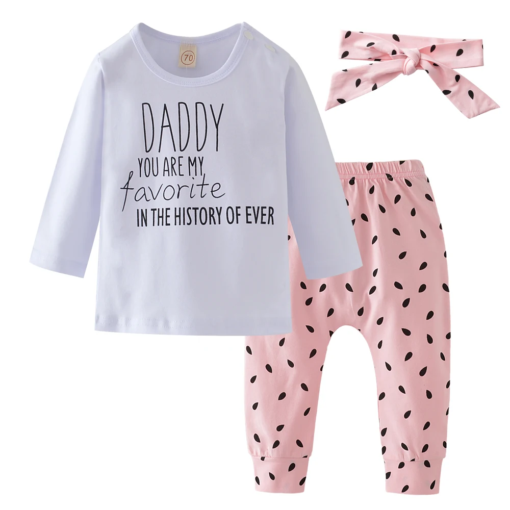 Одежда для маленьких девочек, комплект одежды из 3 предметов для новорожденных, футболка с длинными рукавами и надписью «Daddy»+ штаны в горошек+ повязка на голову, костюм «Одежда Для малышей»