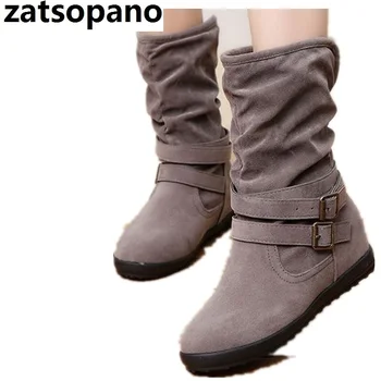

Brand New 2019 Fashion Female Woman Mid-calf Boots Flat Heel Leather Motorcycle Women Boots Autumn Winter Shoes Size 34-43