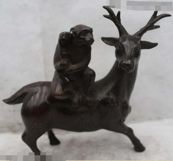 

8"Chinese Folk Bronze Lucky Money drawing Ru yi monkey Sit Deer Statue