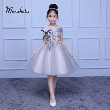 

Boat Neck Off The Shoulder Puffy Dresses For Flower Girls 2019 New Ball Gown Knee-length Toddler Pageant With Bow