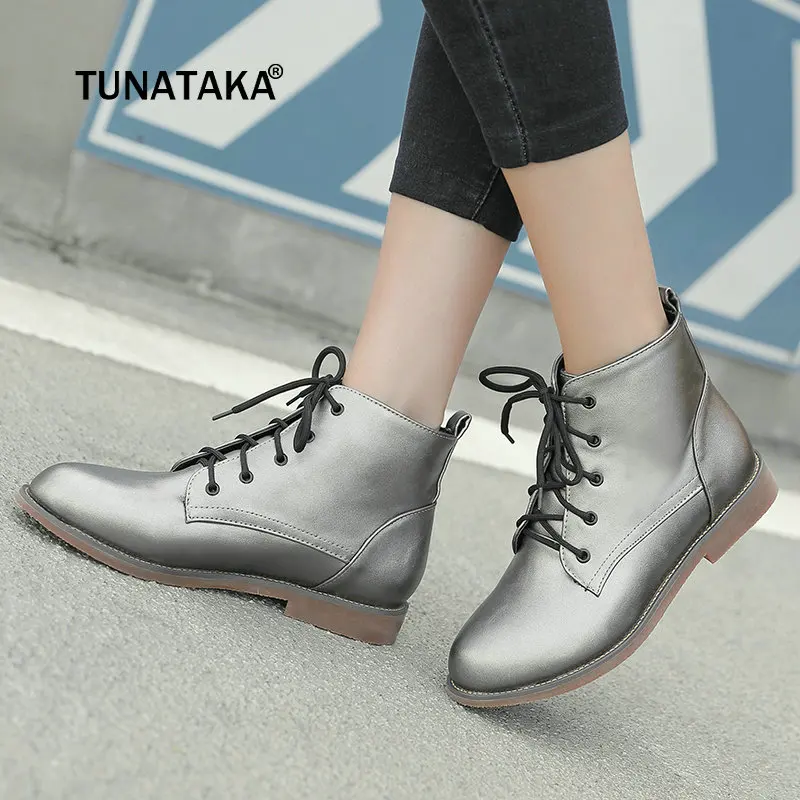 Goedkoop Vrouwen Platte Laarzen Plus Size Fashion Laarzen Ronde Neus PU Leather Lace up Enkel Vrouwen Laarzen Schoenen Sapato Feminino Zwart wit Grijs