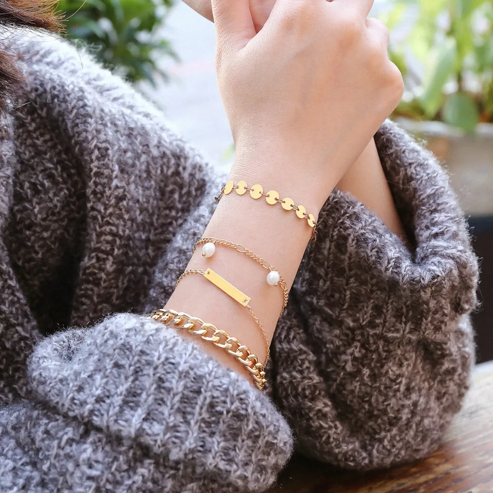 

4 Pcs/set Women's Fashion Simple Gems Beads Round Geometry Chain Gold Bracelet Set Charm Jewelry Gift Accessories