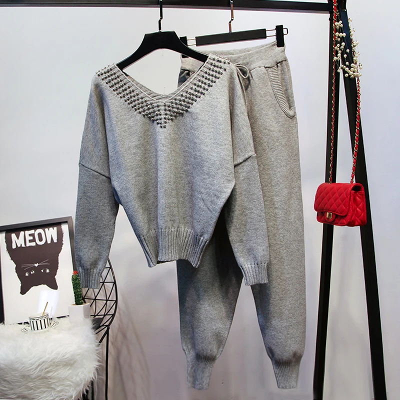 ALPHALMODA 2018 Autumn Winter Women's V-collar Beaded Fashion Knit Tracksuit Pocket Pants Stylish Studded Collar Knitting Sets