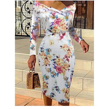 

Sexy Bodycon Dress Women Off Shoulder Long Sleeve Slim Floral Print Knee Length Dresses Ladies Autumn Dress Vestidos
