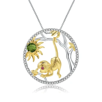 

GEM'S BALLET 925 Sterling Silver Handmade Monkey Sun Pendant Necklace For Women Zodiac Jewelry Natural Chrome Diopside Gemstone